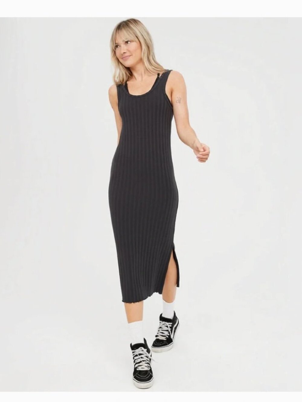 OFFLINE by Aerie OG Groove Black Midi Dress XS Ribbed Side Slit NEW NWOT